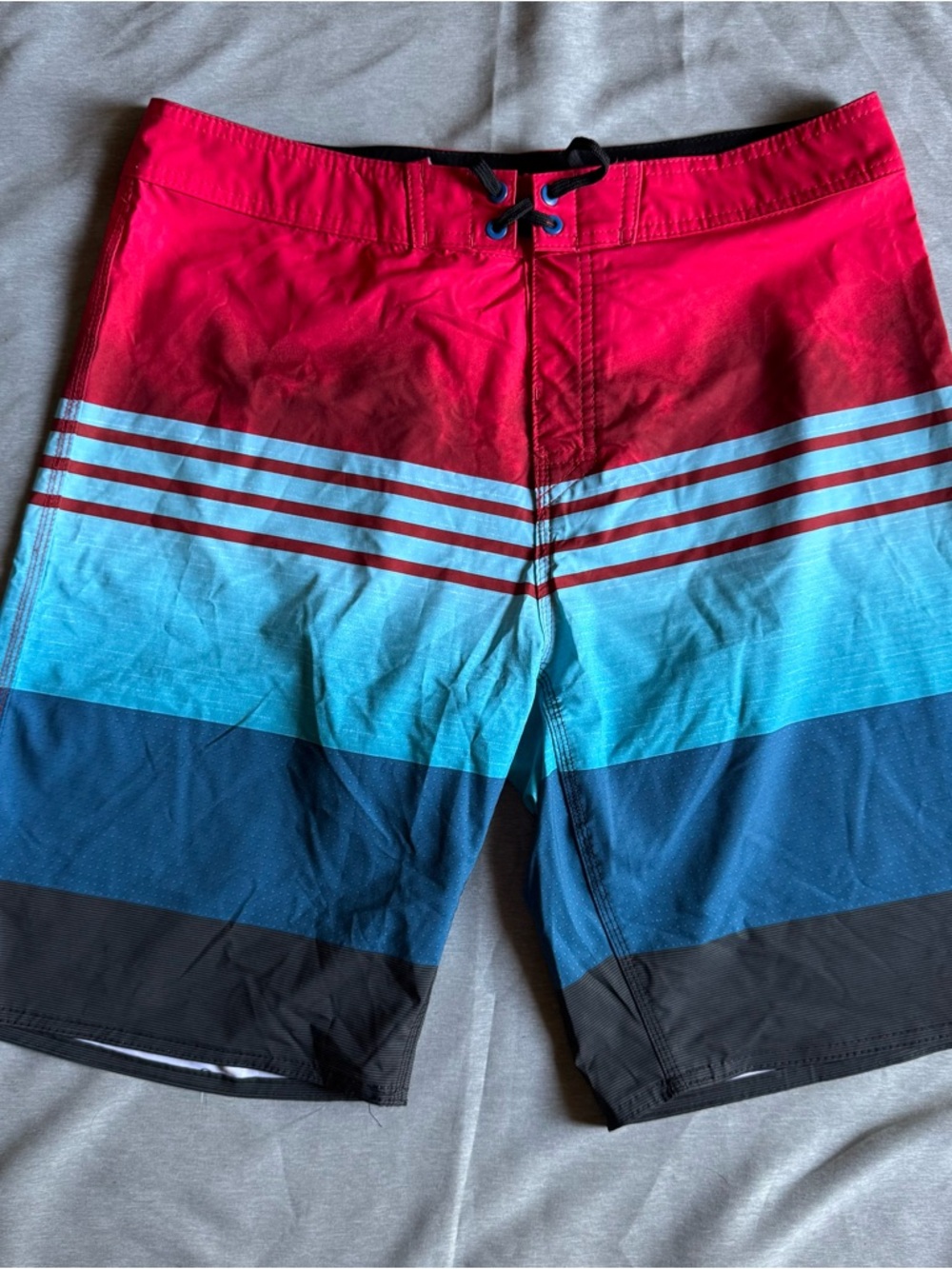 Men's Red and Blue Striped Swim Trunks